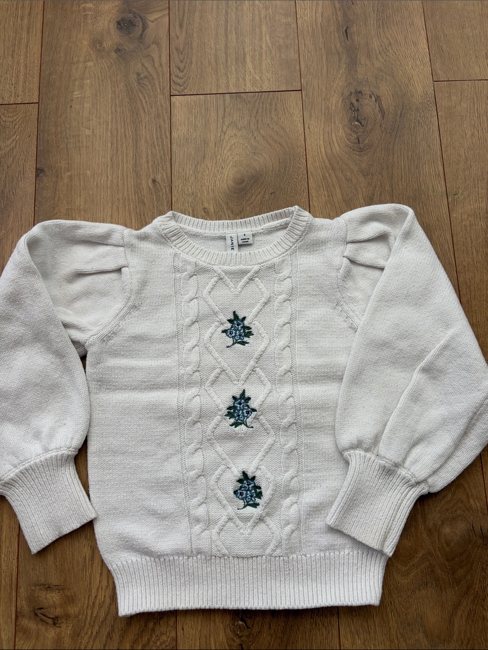 Janie and Jack White Cable Knit Sweater with Green Floral Accents